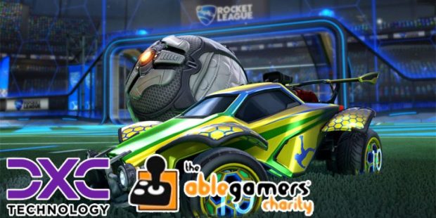 AbleGamers Brazil & DXC Launch Video Game Tournament Rocket League background with green and goldcar along the bottom is the DXC Technology logo and the AbleGamers Charity logo