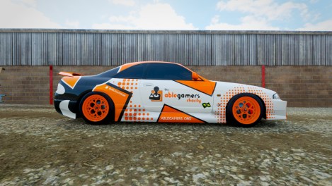 A custom car in the Forza game, this car is white with orange squares and the AbleGamers Charity logo in the middle. It has big orange rims and tinted windows.