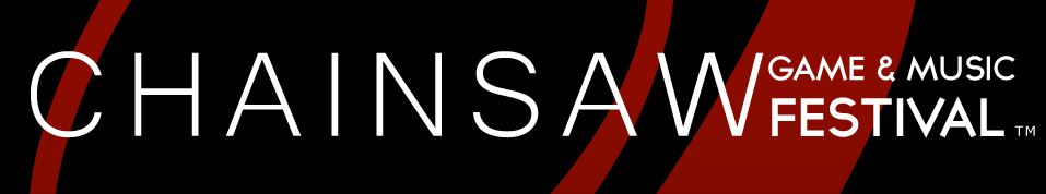 Chainsaw Game and Music Festival logo. Black background with 3 red swooshes and the lettering is in white