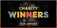 black background the words CHARITY WINNERS in block font that fades from blue to gold to red. the GameHers logo is in gold below