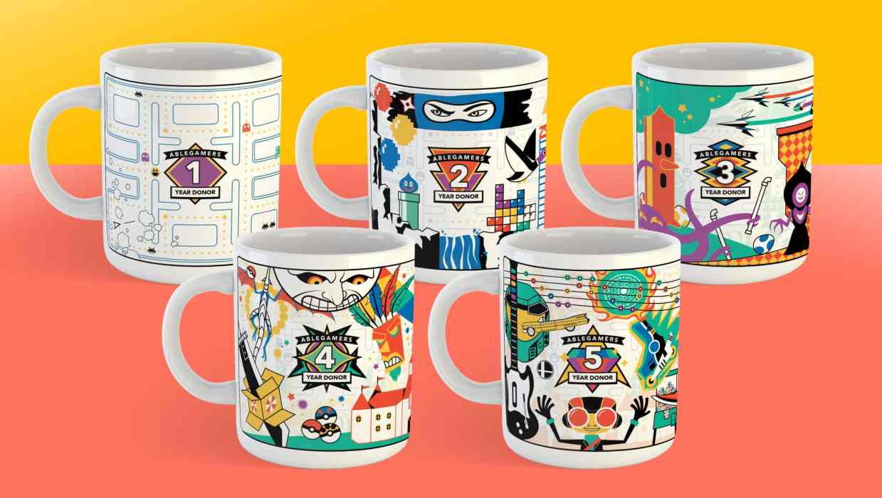 an image of the first five mugs in the Level Up mug series. Each mug is has different artwork inspired by some of the most popular video games of all time.