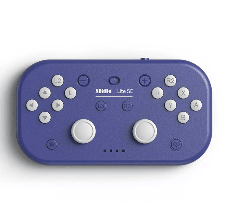 A blue oval controller with 6 small buttons on each side and two thumbstick. There are also 6 other buttons spread throughout the middle. 