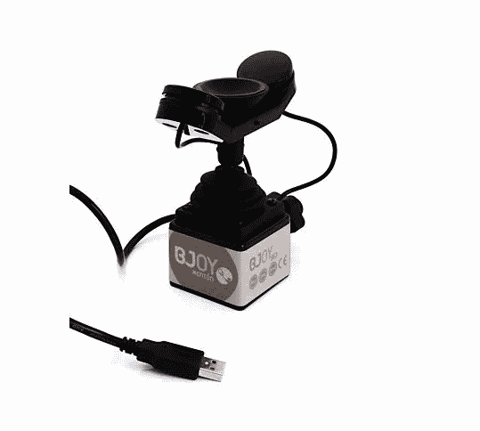 A joystick mounted on a small box, labeled "BJOY". The top of the joystick has a circular indent, surrounded by pads on either side.