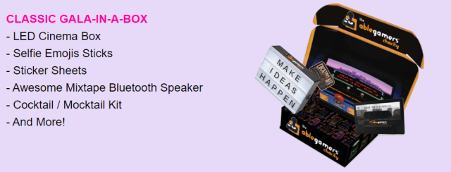 Text that says 'CLASSIC GALA-IN-A-BOX - LED Cinema Box - Selfie Emojis Sticks - Sticker Sheets - Awesome Mixtape Bluetooth Speaker - Cocktail / Mocktail Kit - And More!' to the right is a pic of the Classic box with a few of the items coming out