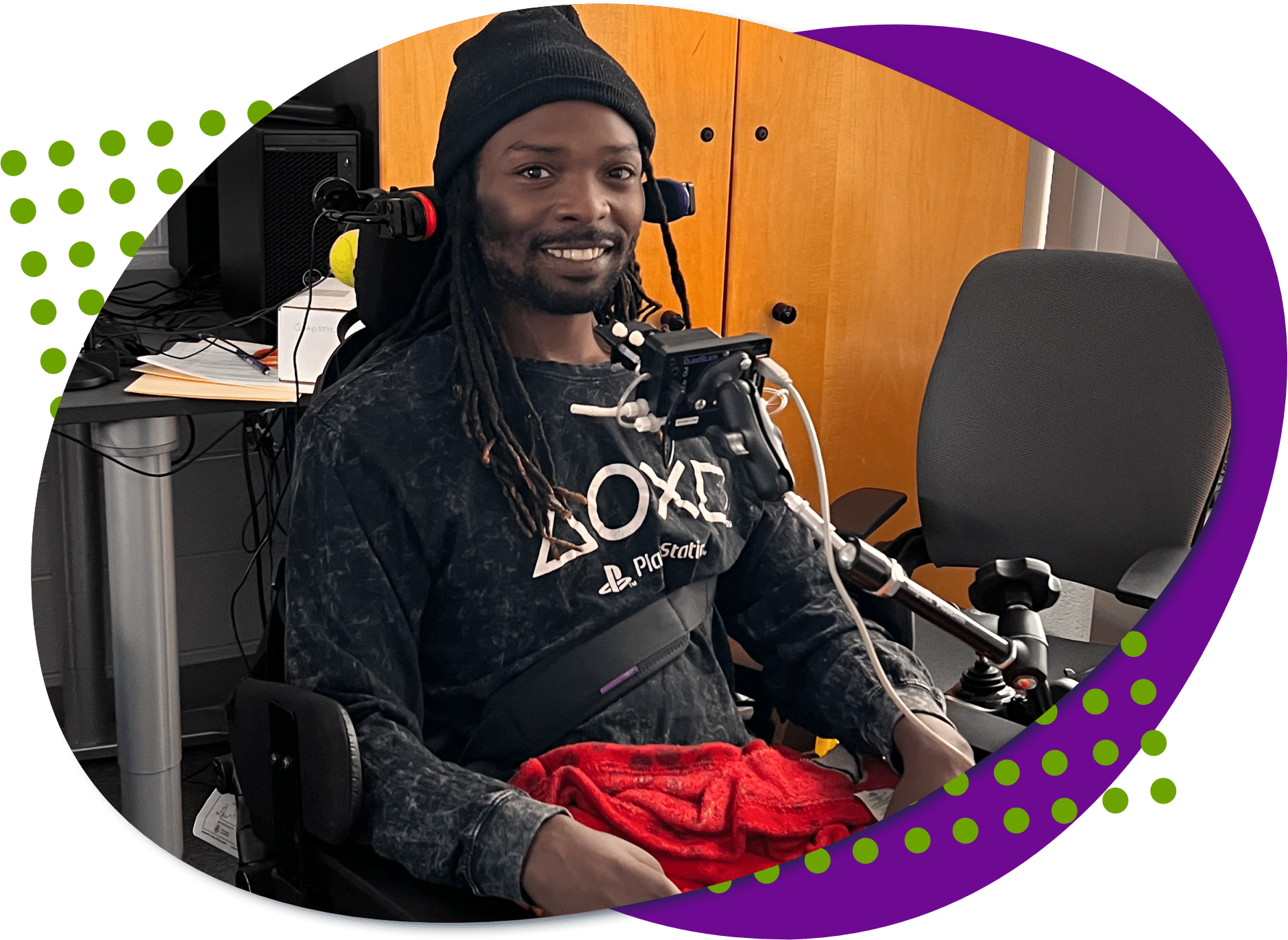 damion stack pic A photo of Damion with his adaptive gaming equipment, the QuadStick