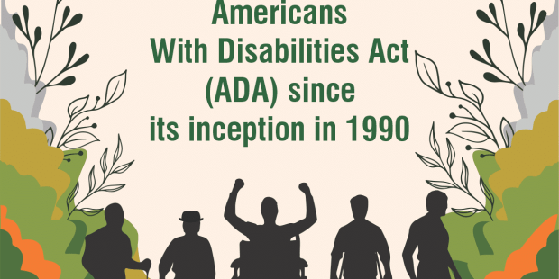 a cartoon style graphic showing silhouettes of several people with disabilities in an outdoor setting and text that says 'DISABILITY PRIDE MONTH, ommemorating the Americans With Disabilities Act (ADA) since its inception in 1990