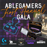 Text that says 'AbleGamers First Annua Gala' on a background made up of various shades of purple squares and a neon colored AbleGamers controller logo. On the right side is an image of the virtual gala space and a graphic of the Classic Gala-In-A-Box with some of the items coming out. At the bottom are sponsor logos from left to right is logitech G, Streamlabs, Voodoo Ranger, Powered by Twitch and World of Warships