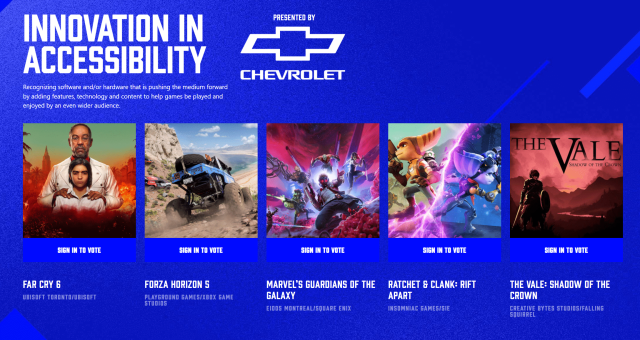 Screenshot from the Game Awards Innovation In Accessibility Award voting page showing the nominess