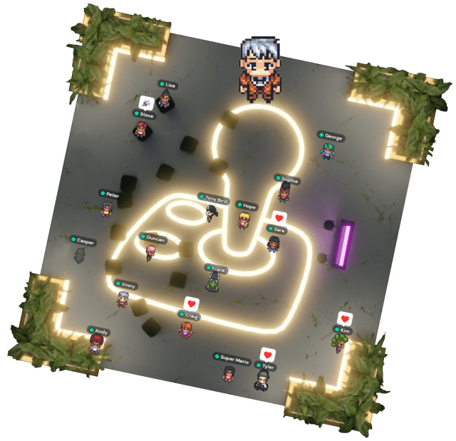 GS graphic with large vinny A neon AbleGamers joystick with pixelated characters standing around.