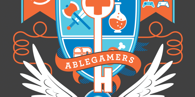 A crest like logo showing off various gaming items including a controller that looks like a PS4 controller and a controller that resembles the Xbox Adaptive Controller.