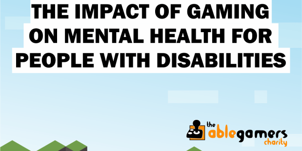A Minecraft inspired background of a sky and ground with grass and text that says 'The Impact of Gaming on Mental Health for People With Disabilities.'