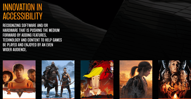Screenshot from the game awards website. "Innovation in Accessibility" with the Nominees game box art below it.