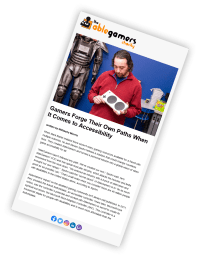 clip from an AbleGamers newsletter, Mark Barlet holding an xbox adaptive controller