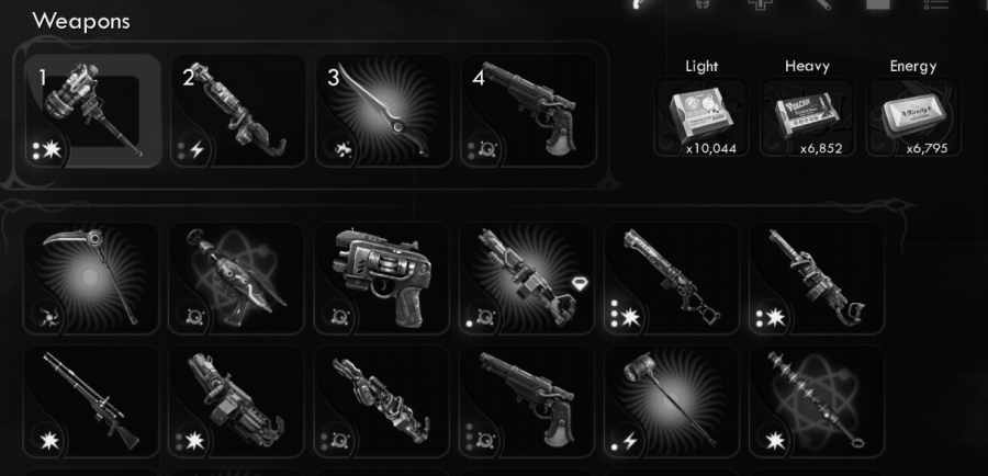 Modified screen capture of The Outer Worlds weapon inventory screen with a variety of weapons, damage types, and unique indicators with colors removed