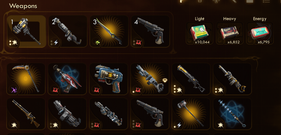 Screen capture of The Outer Worlds weapon inventory screen with a variety of weapons, damage types, and unique indicators