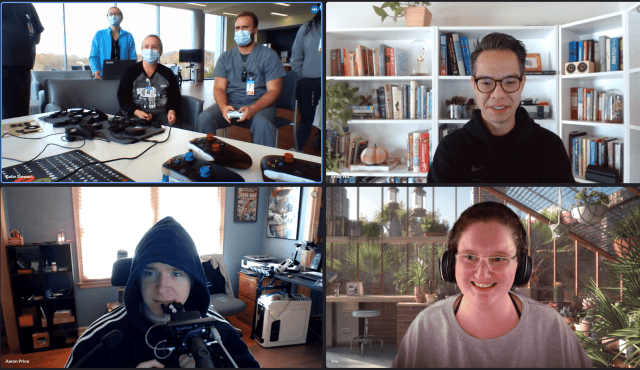 A screen shot of a training session zoom call. Upper left corner is several UNC staff members. Upper right corner is Director of Peer Counseling Dr. Andy Wu. Bottom left corner is Peer Counselor Aaron Price and bottom right corner is Sr. Peer Counselor Jessie Hall.