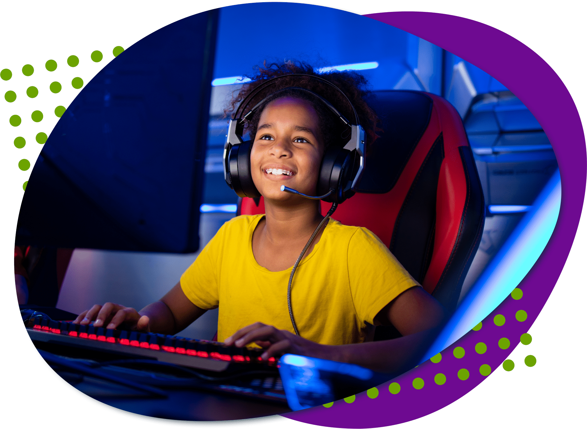A child wearing a gaming headset sitting in a gaming chair in front of a computer screen playing summer video games.