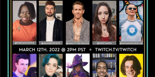 photo collage of the video game accessibility awards presenters. Top row left to right: @THATJAYJUSTICE, @JACKSEPTICEYE, @VANCITYREYNOLDS, @SWEETANITA, @NOHANDSNOEXCUSE. Bottom row left to right: @DRLUPO, @NEGAORYX, @TIFFANYWITCHER, @DEAFGAMERSTV, @CRANKGAMEPLAYS