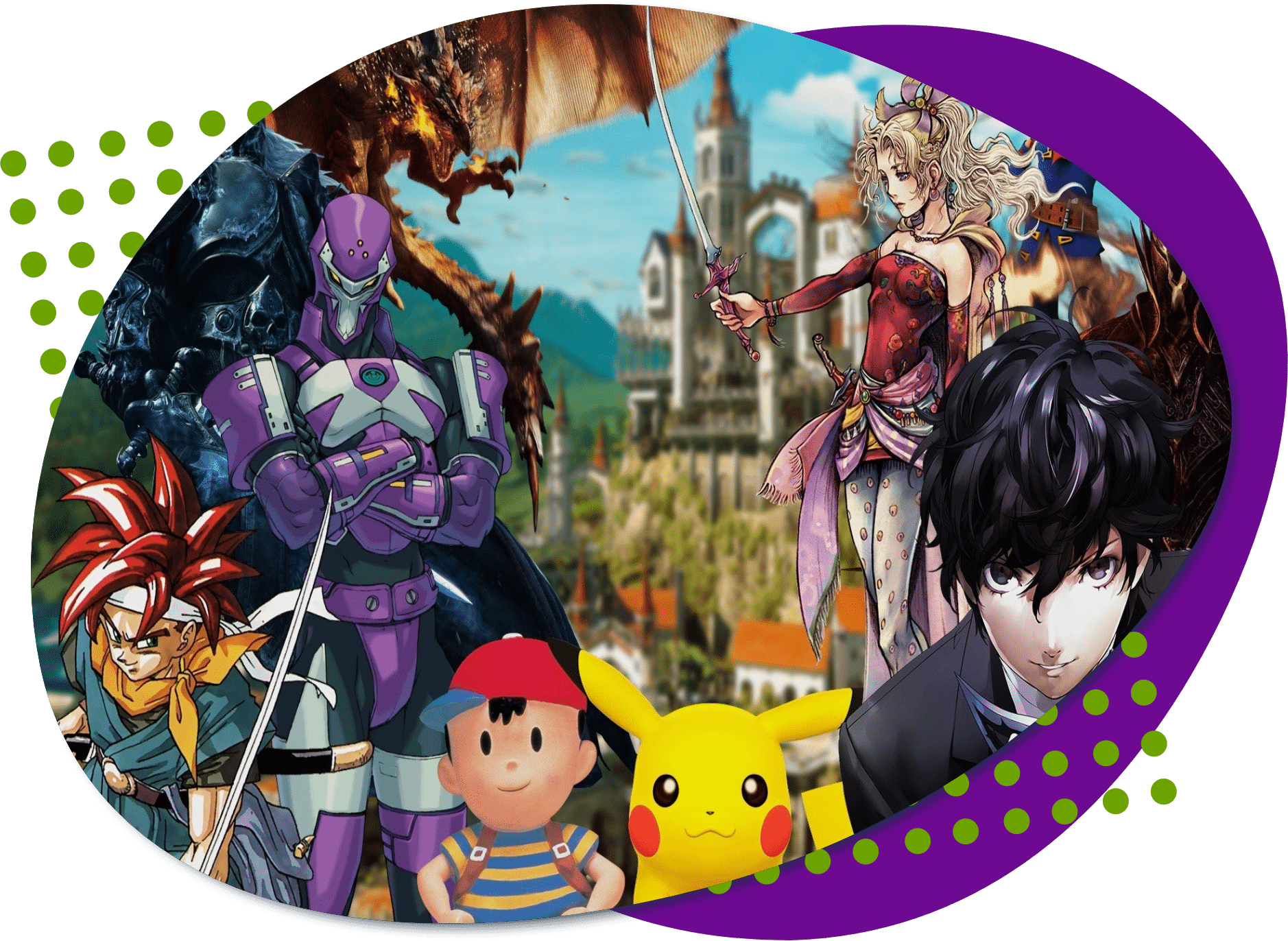 several different video game characters like Chrono, pikachu, Ness from EarthBound