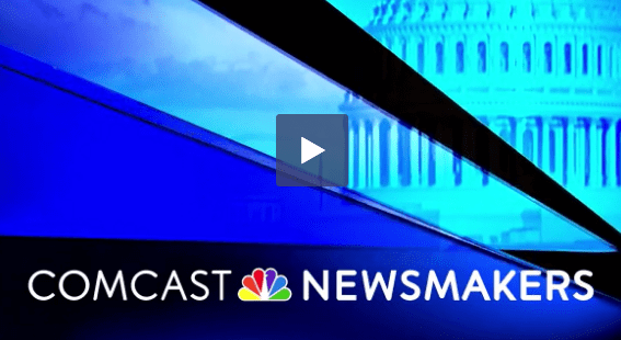 photo of the United States Capitol building with a blue filter to make the photo look light blue. Under the photo is written COMCAST the NBC yellow, orange, red, purple, blue, green peacock logo and NEWSMAKERS