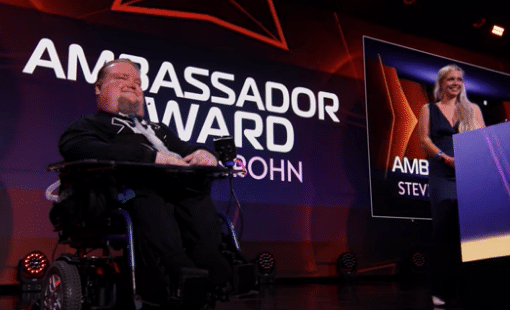 Steve Spohn on stage at GDC 2022 accepting his ambassador award