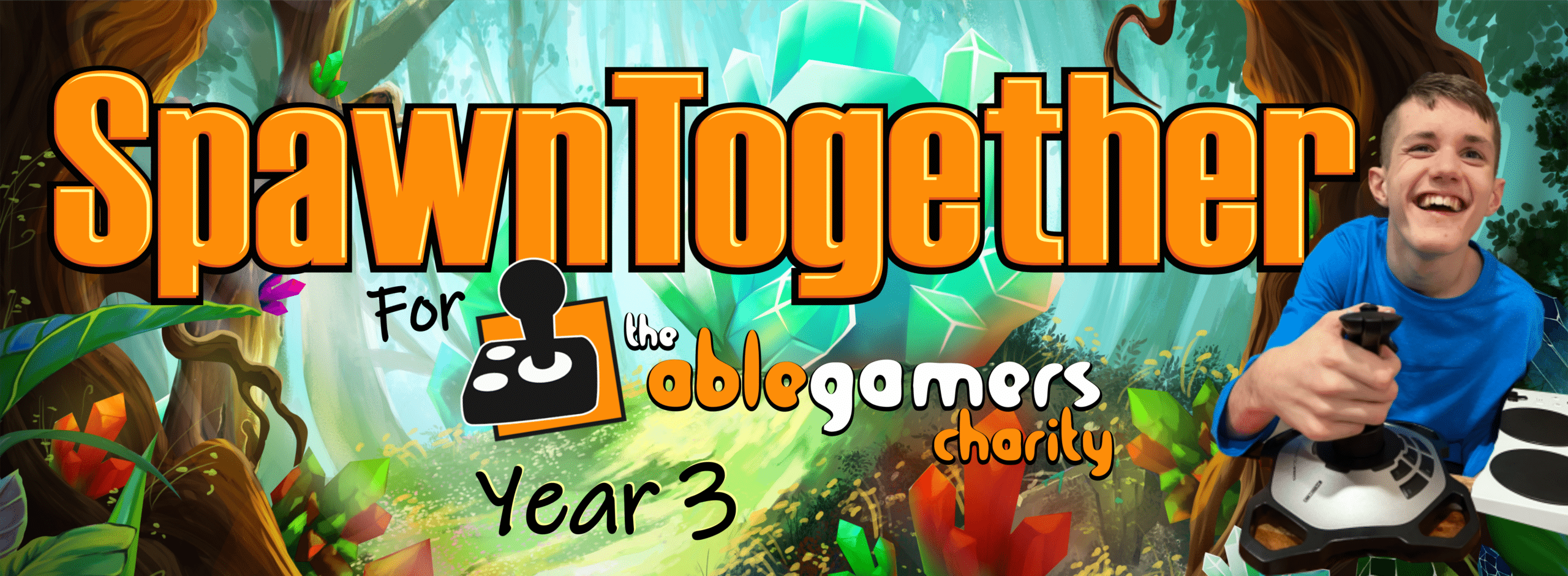 SpawnTogether web pg logo a cartoon forest background and text that says 'SpawnTogether for the AbleGamer Charity Year 3' and a photo of a smiling child using a joystick and xbox adaptive controller to play video games on the right side. SpawnTogether for AbleGamers