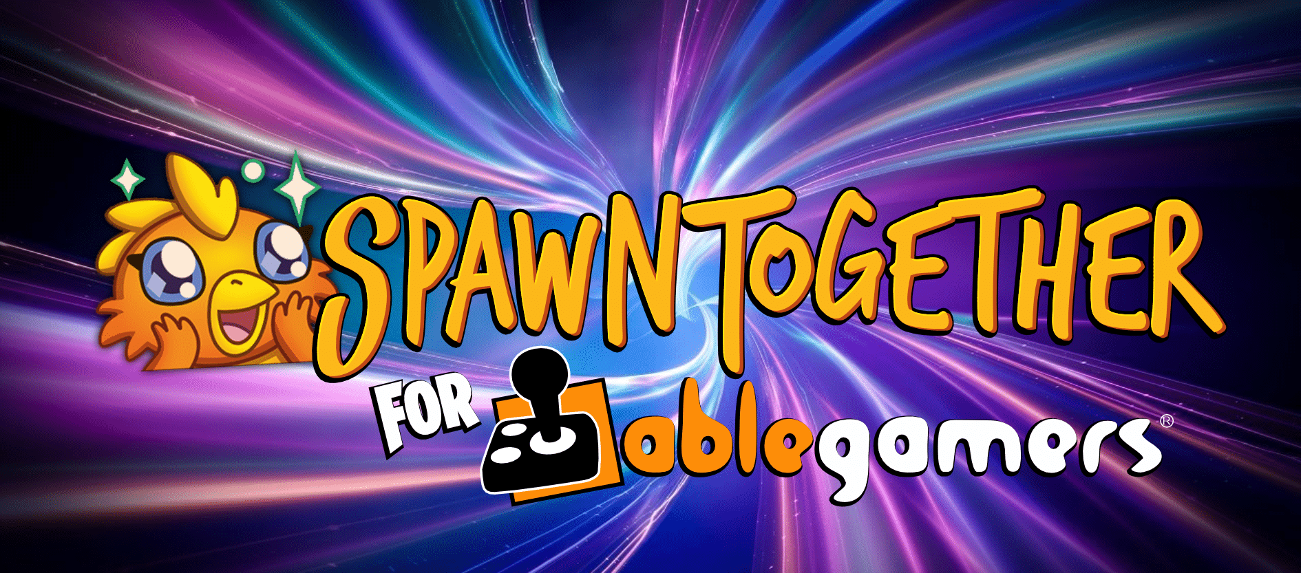 SpawnTogether2024 a colorful swirl background, Steven Spohn's cartoon chicken character and text that says 'SpawnTogether for AbleGamers'